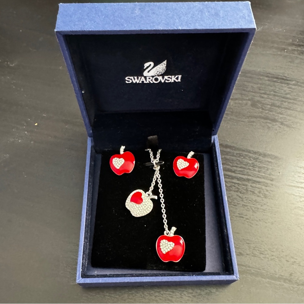 Authentic Swarovski Red Apple Crystal Enamel Apple Earrings and Necklace Set